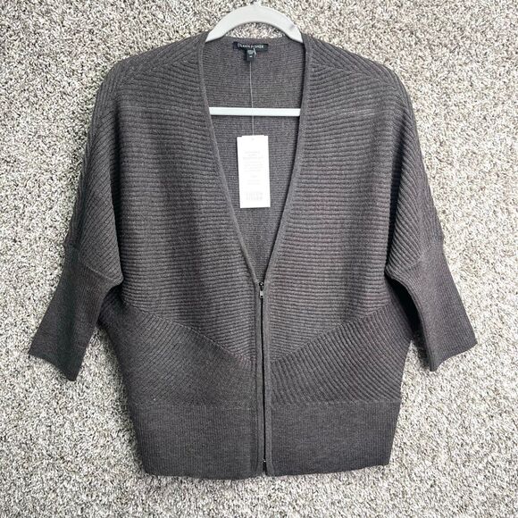 Eileen Fisher Sweater Women’s M Rye Washable Wool Diagonal Air Rib Knit Zip Up V - Picture 1 of 7